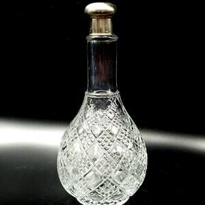 Diamond Pattern Perfume Bottle Glass Cologne Decanter Silver Tone Lid Vintage